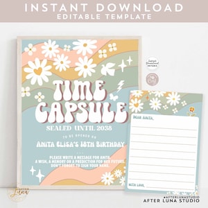 Editable Blue Groovy Birthday Time Capsule Sign and Card First Birthday Keepsake Digital Printable Instant Download 665K2