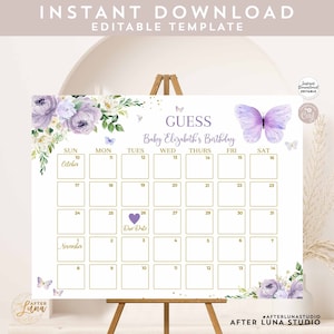 Bearbeitbare Lila Lavendel Gold Schmetterling Baby Shower Sprinkle Fälligkeit Datum Kalender Raten Baby Geburtsdatum Zeichen Vorlage Sofortiger Download 554BB