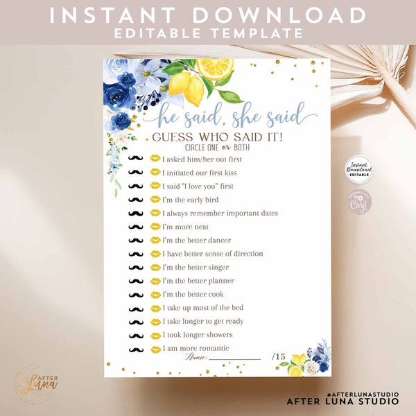 EDITABLE Blue Lemon Bridal Shower He Said She Said Bridal Shower Game She Found Her Main Squeeze Games Printable Instant Download 157BR5