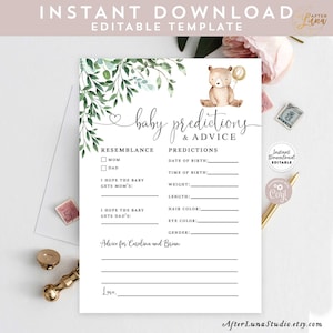 Editable Greenery Gender Neutral Teddy Bear Baby Predictions and Advice Virtual Baby Shower Game Printable Instant Download 1432V2