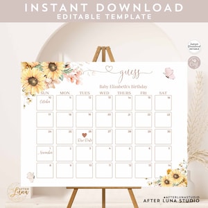 Bearbeitbare Sonnenblume Wildblume Mauve Rosa Babyparty besprühen Fälligkeitsdatum Kalender Errate Baby Geburtsdatum Zeichen Vorlage Sofortiger Download 820V1