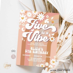 Editable 5th Daisy Rainbow Beige Earthy Mauve Five is A Vibe Birthday Invite Hippie 70s Birthday Invitation Instant Download 633K5 (5)