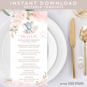 Menu modificabile QUALSIASI EVENTO Rosa Floreale Elefante Bambina Bambino Bridal Shower Battesimo Compleanno Modello stampabile Download immediato 288V1