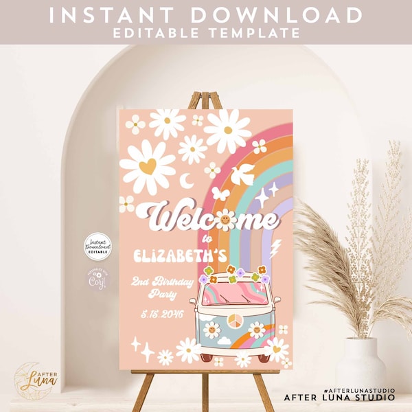 Editable Groovy Van Party Decor Welcome Sign Daisy Groovy Rainbow Blue Groovy One Birthday Welcome Sign Instant Download 633K1 (1-5)