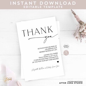 Editable Minimalist Modern Black and White Boy Girl Gender Neutral Thank You Flat Note Card Thank You Card Template Instant Download 799V1