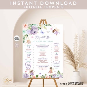 May include: A printable first birthday milestone chart featuring a purple and green floral design with fairies and butterflies. The chart includes the child's name, Elizabeth Rose, birth date, weight, height, and other milestones. The text "My First Birthday" is at the top of the chart.