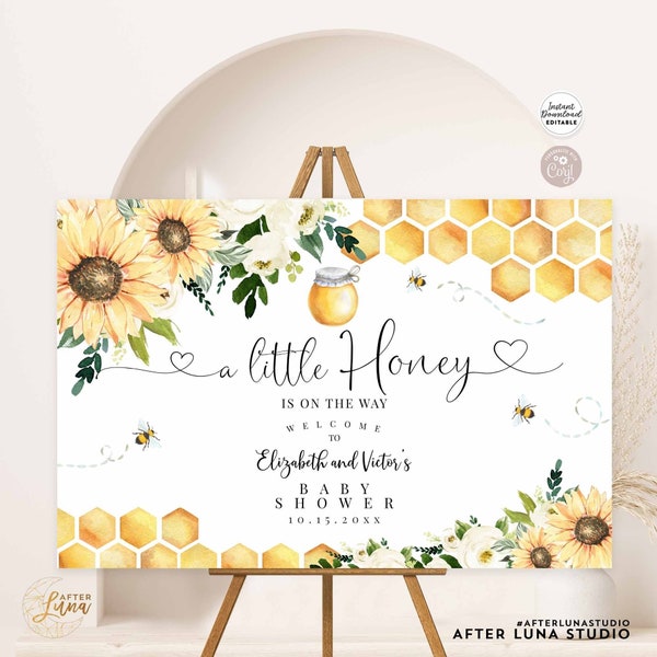 Editable  Sunflower A Little Honey Baby Shower Baby Sprinkle Welcome Sign Yard Sign 24x36 18x24 16x20 Printable Instant Download 846V1