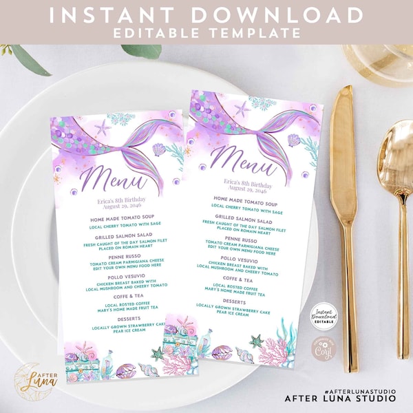 Editable Purple Mermaid Under the Sea ONEder the Sea Menu 4x8" Birthday Menu Printable Digital Printable Instant Download 1329V1