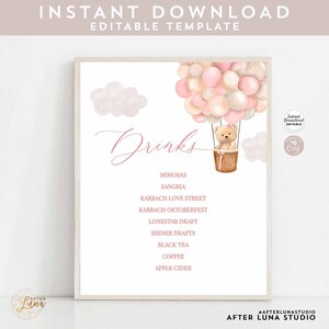 Modificabile QUALSIASI EVENTO Orso rosa Mongolfiera Baby Shower Cospargere Battesimo Compleanno Bevande Menu Modello stampabile Download istantaneo 905V3