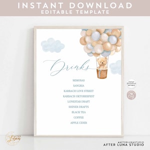 Bearbeitbar JEDES EVENT Blauer Junge Bär Heißluftballon Baby Shower Sprinkle Taufe Geburtstag Getränke Menü Druckbare Vorlage Sofortiger Download 905V1