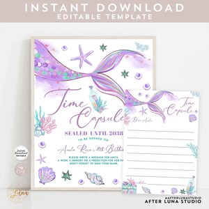 Editable Purple Mermaid Under the Sea ONEder the Sea Time Capsule Sign and Card Birthday Keepsake Digital Printable Instant Download 1329V1