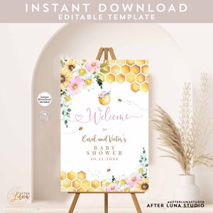 Letrero de bienvenida para baby shower con diseño de margaritas rosas rústicas editables, abejas y miel, letrero de bienvenida para jardín, descarga instantánea imprimible 800V1