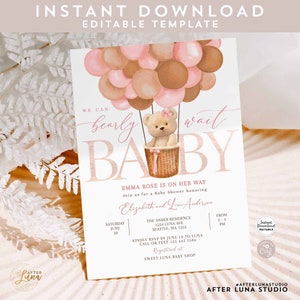 Bearbeitbare Rosa Tan Mädchen Teddy Bär Heißluftballon Bär Babyparty Einladung Wir können Bärtig Warten Lädt Vorlage Sofortiger Download 905V5 (1)