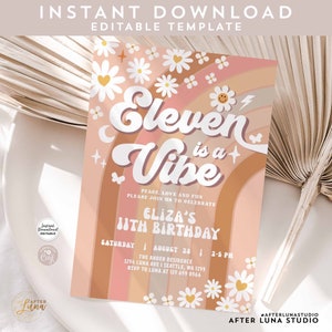Editable 11th Daisy Rainbow Beige Earthy Mauve ELEVEN is A Vibe Birthday Invite Hippie 70&#39;s Birthday Invitation Instant Download 633K5 (11)