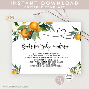 Modifiable Orange A Little Cutie Baby Shower Book Request Insert Gender Neutral Apportez un livre au lieu d'une carte Invite Insert Template 248V1