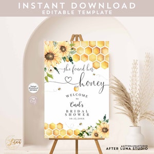 Letrero de bienvenida para despedida de soltera con diseño de girasol editable "She Found Her Honey Bumble Bee", de 24 x 36, 18 x 24, 16 x 20, para imprimir y descargar al instante 846BR1
