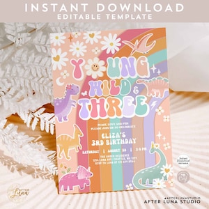 Bearbeitbare Groovy Dinosaurier Junge Wild und drei Rex Einladung Dino Geburtstag einladen Groovy Dino Druckbare Vorlage Sofort-Download 635 (3)