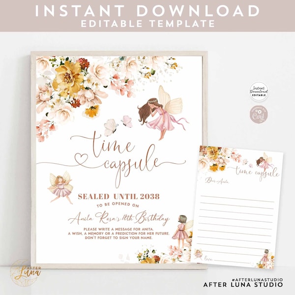 Editable Blush Fairy Wildflower Butterfly Time Capsule Sign Card Birthday Baby Shower Sprinkle Keepsake Printable Instant Download 858K1