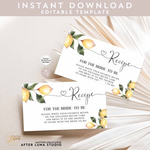 Modificabile Personalizzato Rustico Limone Ricetta Card INSERT Greenery Lemon Baby Bridal Shower Insert Printable Template Instant Download 237BR