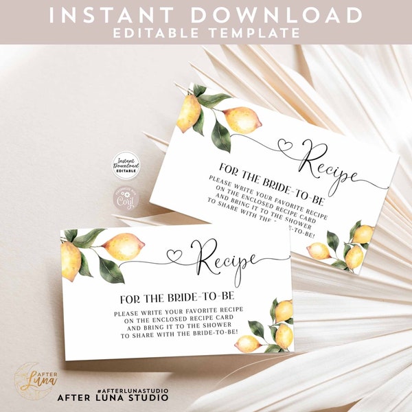Editable Personalized Rustic Lemon Recipe Card INSERT Greenery Lemon Baby Bridal Shower Insert Printable Template Instant Download 237BR