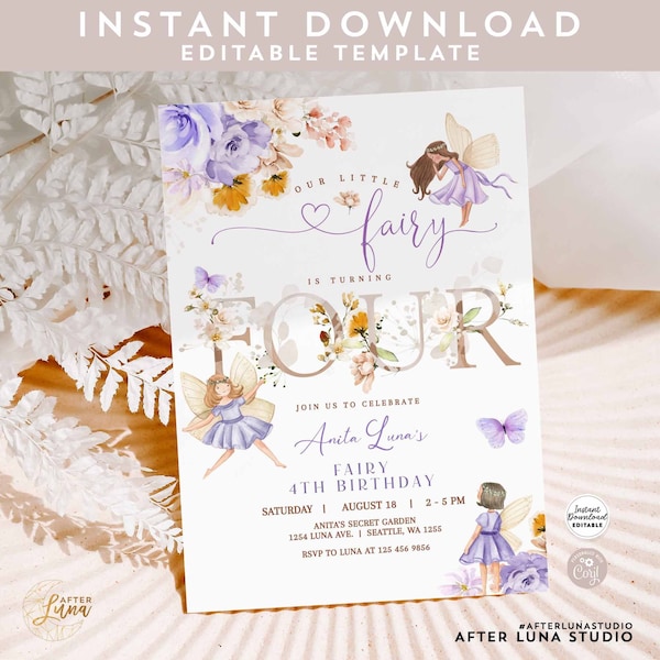 Editable Purple 4th Birthday Fairy Birthday Invitation Butterfly Magical Fairy Floral Fairy Birthday Invite Instant Download 858K2 (4)