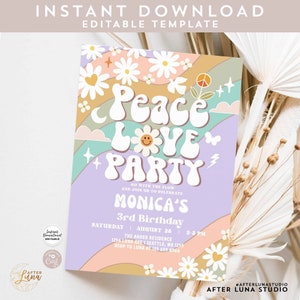 Editable ANY AGE Purple Pink Mint Groovy Peace Love Groovy Birthday Invite Invite Daisy Hippie Retro Invitation Instant Download 665K3 (3)