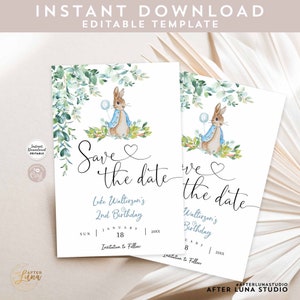 Modello di inserto per baby shower Salva la data Peter Rabbit Boy Greenery modificabile Download immediato 1455K1