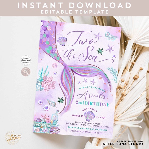Editable TWO the Sea Mermaid Second 2nd Mermaid Birthday Little Mermaid Birthday Invite Printable Template Instant Download 1329V2 (3)