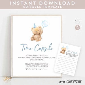 Cápsula de aniversário editável azul menino urso de pelúcia cartão de sinal cápsula de aniversário lembrança para impressão download instantâneo 904K3