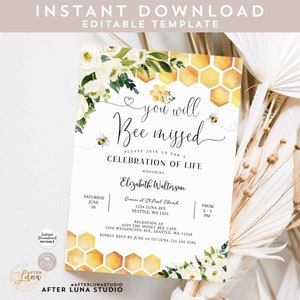 Editable Bee Funeral Invitation Bumble Honey Bee Celebration of Life Memorial Invitation Invitation Printable Template Instant Download 845M (1)