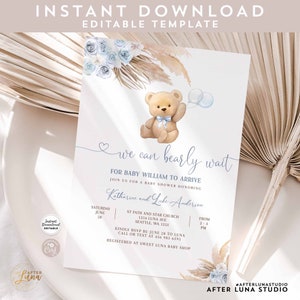 Modificabile Blue Pampas Grass We Can Bearly Wait Blue Boy Boho Teddy Bear Baby Shower Invitation Invites Template Instant Download 904V3 (3)