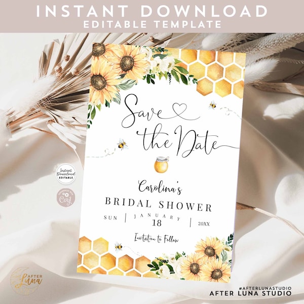 Editable Sunflower Honey Bumble Bee Bridal Shower Save the Date Baby Shower Wedding Template Instant Download 846BR1