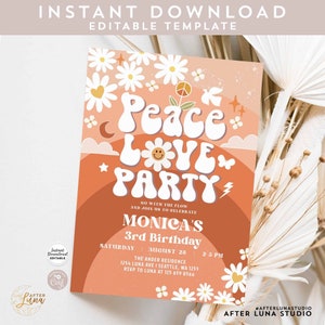 Editable ANY AGE Fall Groovy Peace Love Party Birthday Invite Groovy Earthy Invite Daisy Hippie Retro Invitation Instant Download 665K1 (3)