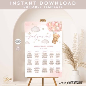 Bewerkbare roze meisje teddybeer luchtballon zitplaatsen grafiek babydouche strooi zitplaatsen grafiek afdrukbare sjabloon Instant Download 902V2