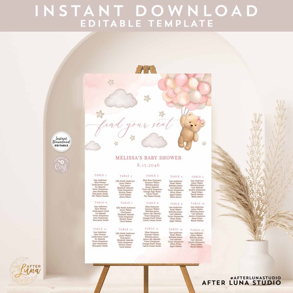 Editable Pink Girl Teddy Bear Air Balloon Seating Chart Baby Shower Sprinkle Seating Chart Printable Template Instant Download 902V2