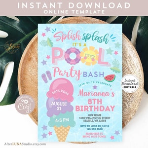 Editable Pool Party Birthday Invitation Ice Cream Pool Party Invite Pool Side Teens Birthday Invite Template Instant Download 919 V8
