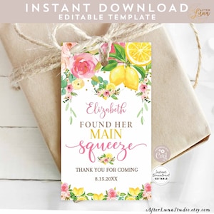 Limão floral rosa personalizado editável, ela encontrou seu aperto principal, etiqueta de agradecimento, modelo para impressão, download instantâneo 157BR2