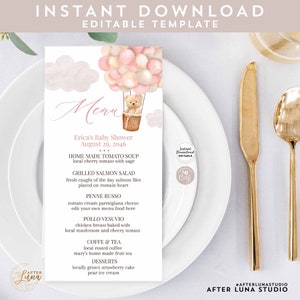 Modificabile QUALSIASI EVENTO Orso rosa Mongolfiera Baby Shower Sprinkle Battesimo Compleanno 4x8 "Menu Modello stampabile Download istantaneo 905V3