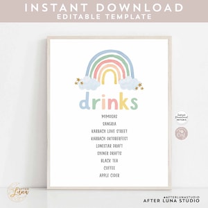 Editável 8x10 "pastel arco-íris bebida menu sinal chá de bebê aniversário menu editável modelo para impressão download instantâneo 213K