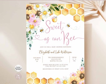 Editable Sunflower Pink Daisy Sweet As Can Bee Baby Shower Invitation Bee Baby Invites Printable Template Instant Download 800V1 (2)