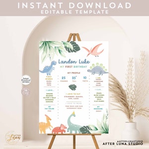 Editable Boy Dino Dinosaur T Rex Birthday Rex Blue Green Dino Milestone Poster Template Birthday Facts Poster Instant Download 277K2