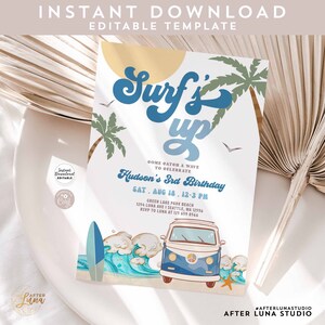 Editable ANY AGE Navy Boy Surf's Up Surfing Birthday Invitation Retro Boy Surf Van Surfboard Beach Party Invite Instant Download 661K5 (2)