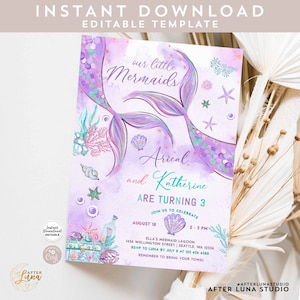 Editable TWIN Mermaids Birthday Two Little Mermaids Twins Birthday Invite Printable Template Instant Download 1329V3 (1)