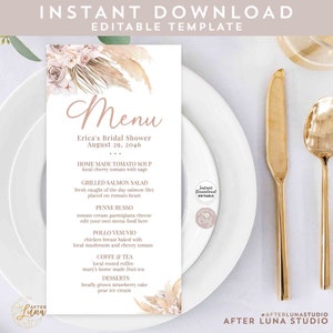 Modificabile QUALSIASI EVENTO Rosa Pampa Erba Baby Bridal Shower Battesimo Compleanno Menu modificabile Modello stampabile Download istantaneo 212BR1