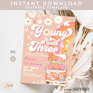 Modificabile Groovy Young Wild e TRE Pink Peach Van Daisy Rainbow 3RD BIRTHDAY Hippie Party Invitation Template Download istantaneo 633K6 (3-2)