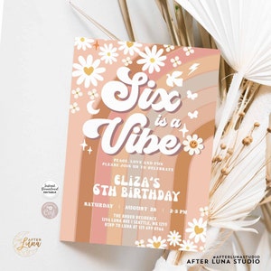 Editable 6th Daisy Rainbow Beige Earthy Mauve SIX is A Vibe Birthday Invite Hippie 70s Birthday Invitation Instant Download 633K5 (6)
