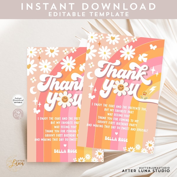 Editable Pink Orange Peach Groovy Rainbow Thank You Flat Note Card Groovy Birthday Thank You Flat Card Template Instant Download 633K6