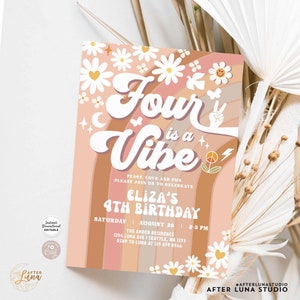Editable Groovy 4th Daisy Rainbow Beige Earthy Mauve Four is a Vibe Birthday Invite Hippie Birthday Invitation Instant Download 633K5 (4-2)
