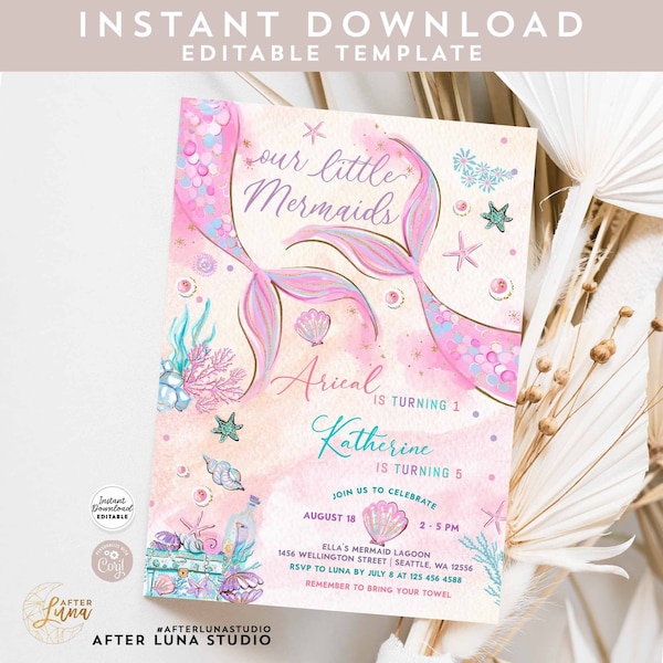 Editable Pink TWIN Mermaids Birthday Two Little Mermaids Twins Birthday Invite Printable Template Instant Download 1328V2 (2)