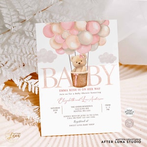 Invito per baby shower, orsacchiotto, mongolfiera, tema modificabile, modello di invito per ragazza con orsetto, download istantaneo 905V3 (3)
